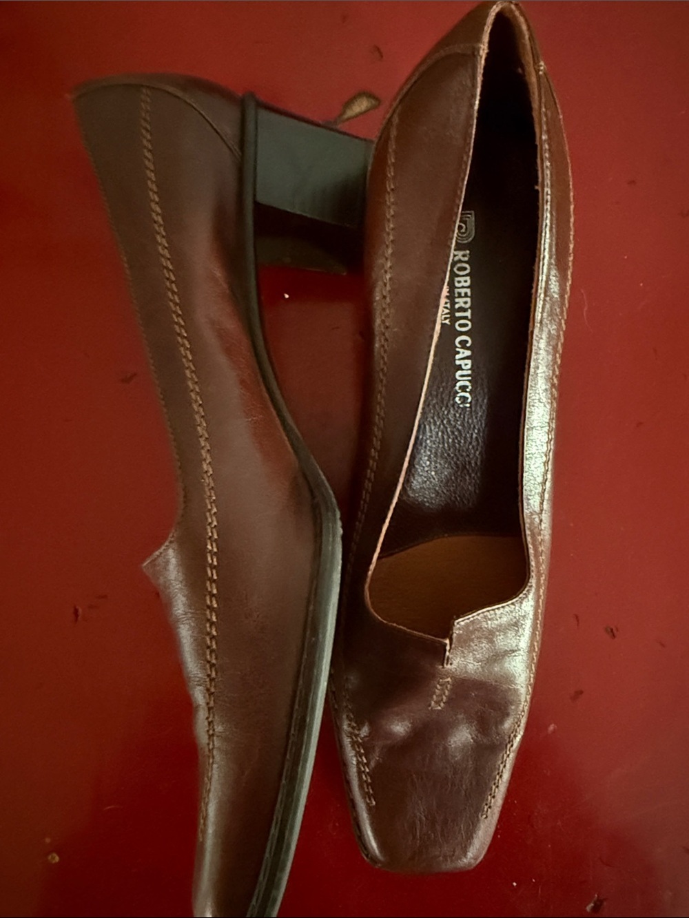 Brown Leather Mid Heel Pumps